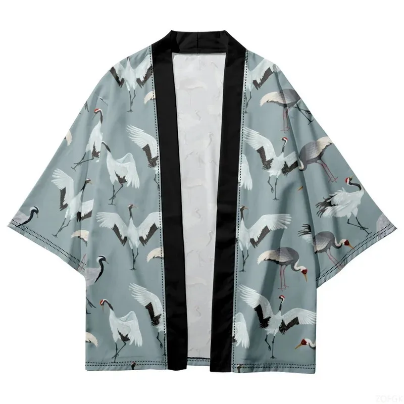 Crane Kimono Robe Women's Printed Haori Cardigan, Spring Beach Half Sleeved Cardigan Top