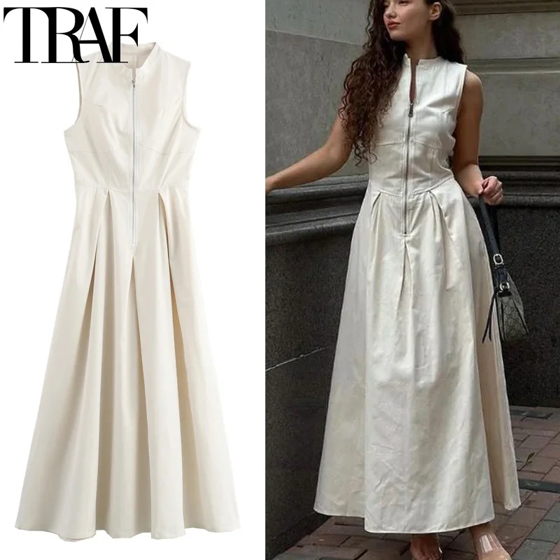 TRAF Zipper Maxi Dresses For Women Sleeveless Ruched Long Dresses Woman Summer Elegant Party Dresses Fashion Slim Female Dress