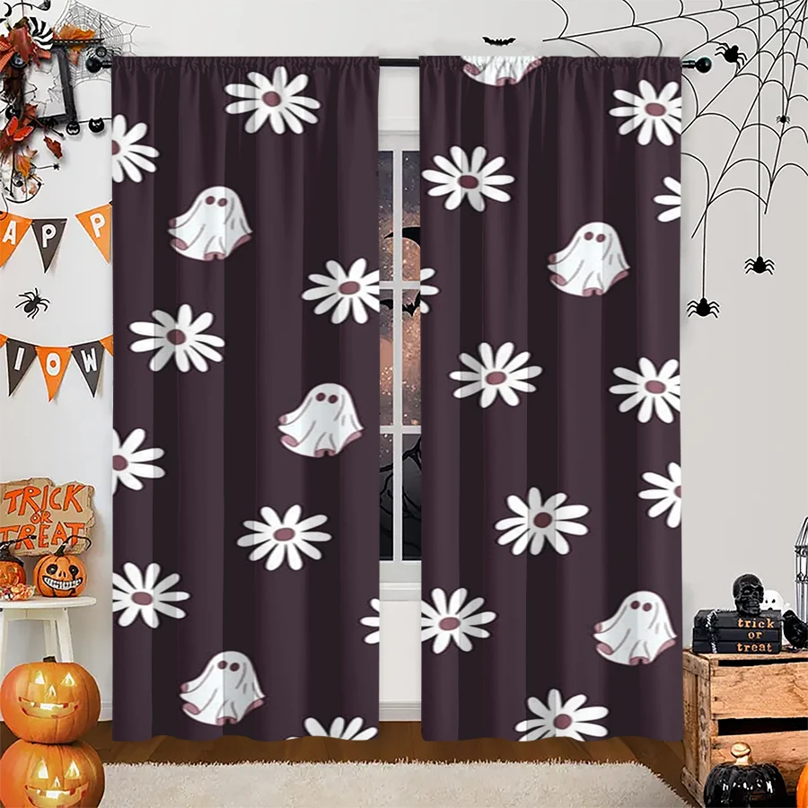2PCS Digital Print Curtain, Ghost Daisy Flower Dark Purple Repeat, Halloween Cute Floral for Living Room Bedroom Decor