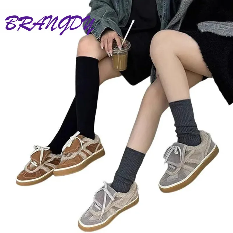 

BRANGDY High-quality Autumn Winter Frosted Fur Versatile For Outdoor Leisure Plush Insulation Women's Casual Lace Up Flat Shoes