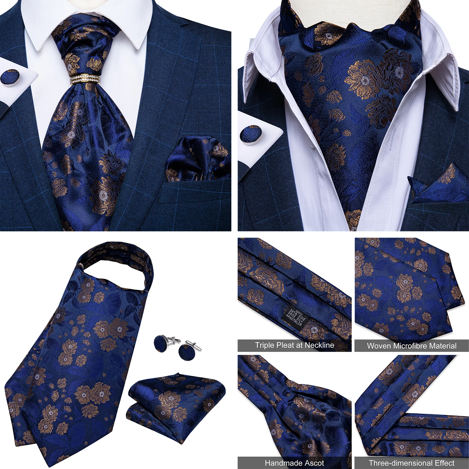 Luxury Men Green Blue Paisley Ascot Tie Set Solid Necktie Ring Wedding Party Cravat Purple Ties Pocket Sqaure Cufflink Free Ship