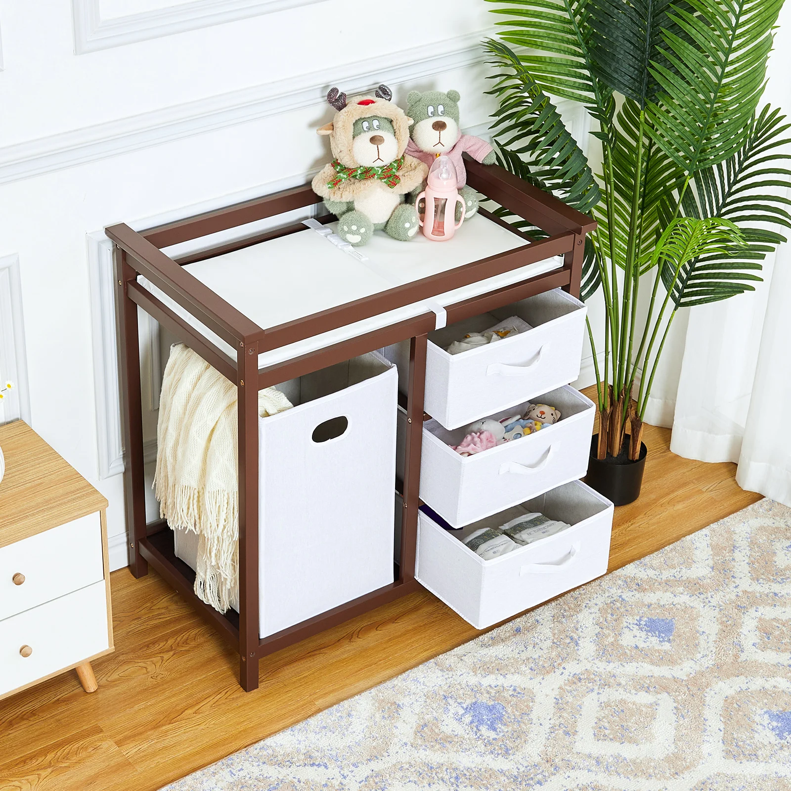 Wooden Baby Changing Table Multi-Functional Diaper Changing Station With 3 Storage Baskets Laundry Hamper & Changing Pad
