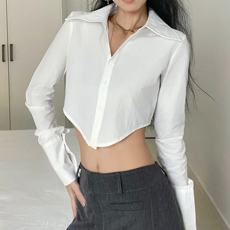 SUSOLA Lady Autumn Winter Women Long Sleeve Solid White Ladies Short Crop Blouse Shirt For Woman Female