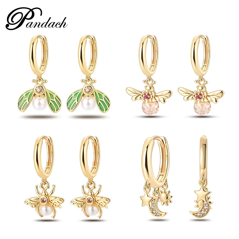 Pandach 925 Sterling Silver Original Golden Series Bee Pendant Earrings Star Moon Earrings For Women Noble Party Wedding Jewelry