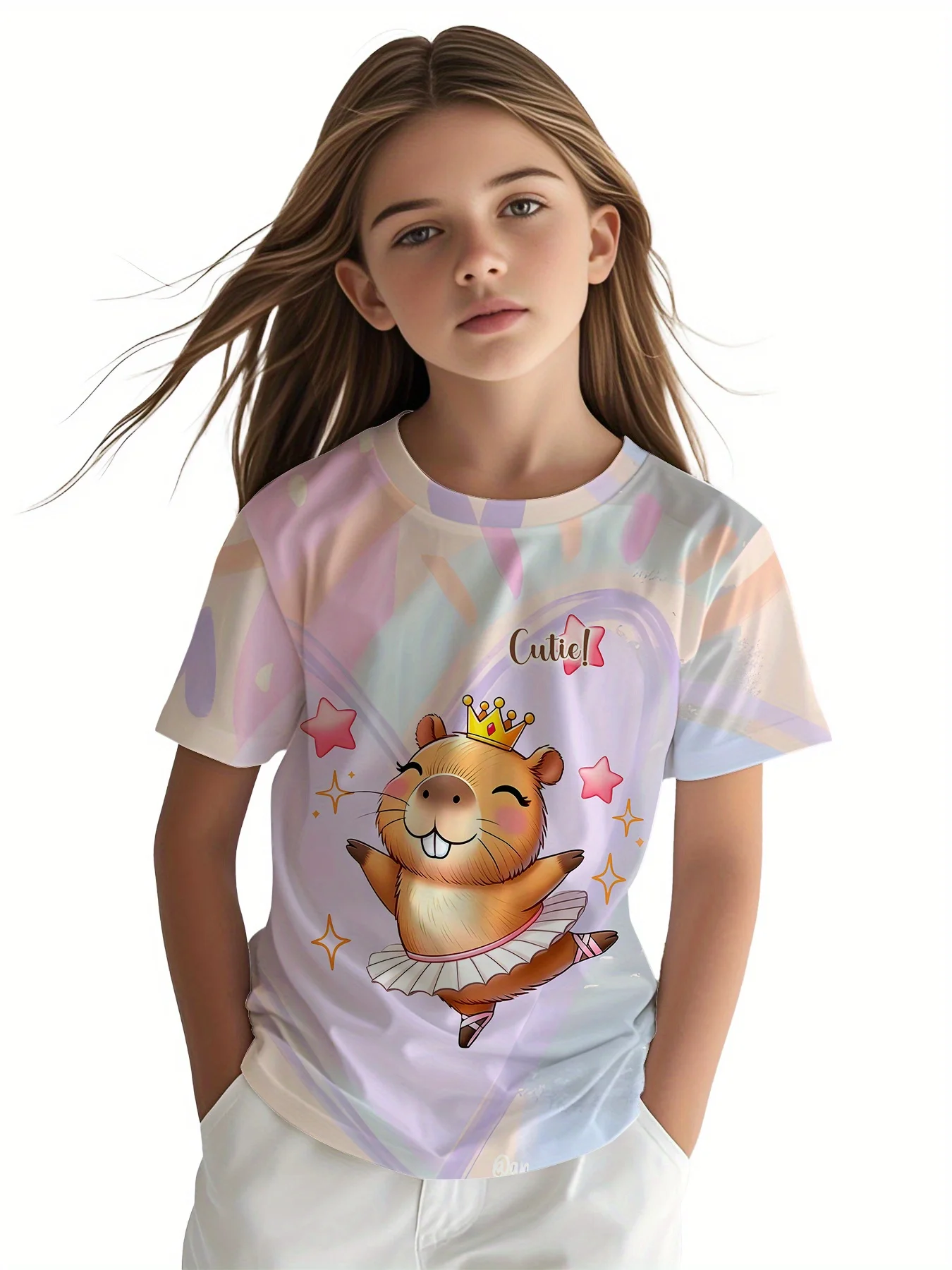 

New 3D Digital Printed Girls' Top, Cute Space Cat Design, Summer Fashion Item, Creative Short Sleeved T-shirt