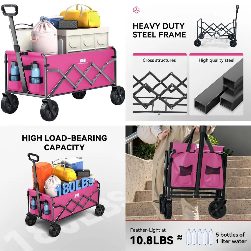

Pink Heavy-Duty Foldable Wagon with 200lbs Capacity for Outdoor Activities and Grocery Hauling