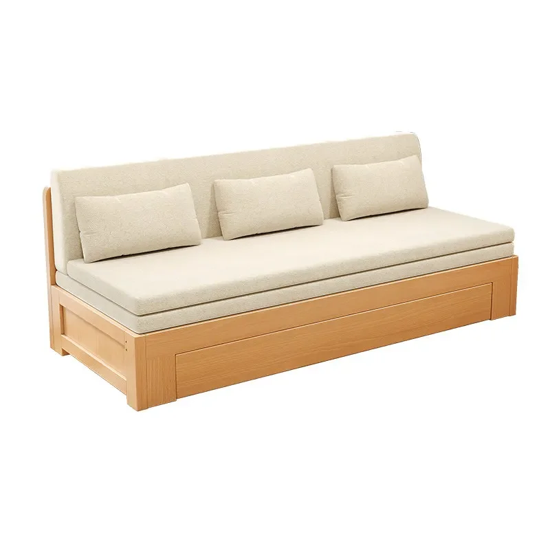 Beech sofa bed push-pull foldable sitting and sleeping bed multi-functional living room storage solid wood double sofa