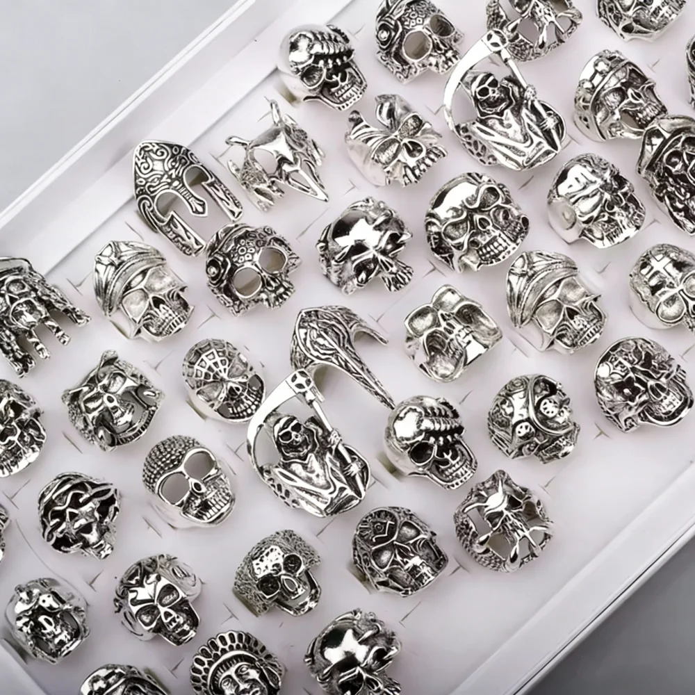 10/15/20Pcs/Lot Retro Gothic Punk Skull Rings Men Women Charm Rock Cool Fashion Jewelry Accessory Daily Party Gift Random Style
