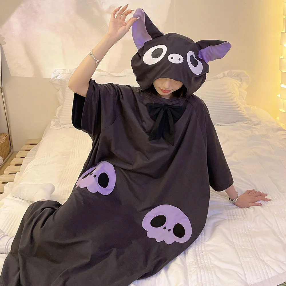 Kawaii Anime Hangyodon Kuromi Women\'s Summer Short Sleeved Pajamas Cartoon Cute Pure Cotton Hooded Home Clothing Birthday Gift