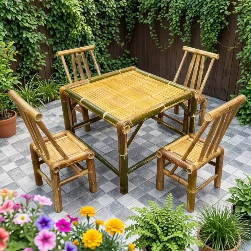Handmade Square Bamboo Wood Outdoor Dining Table and 4 Chairs Set for Terrace Balcony Camping Picnic Garden Furniture