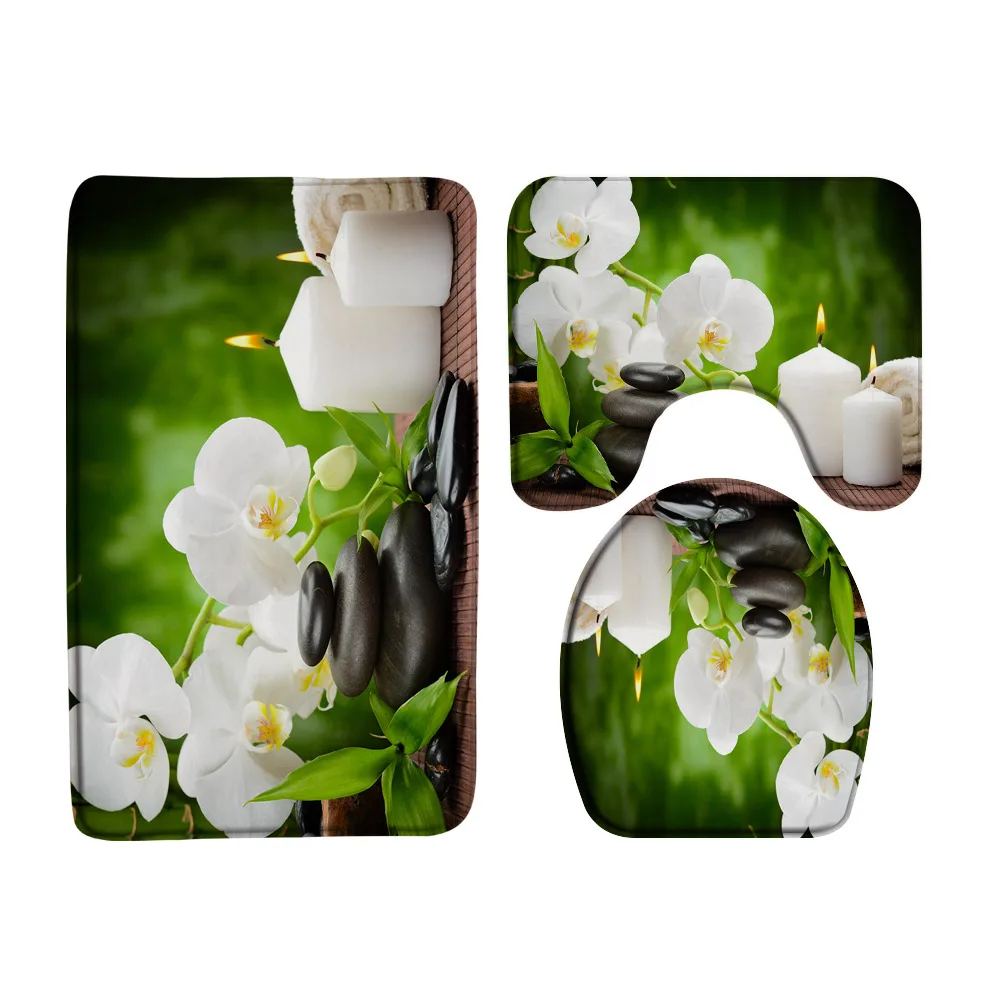 Zen Bath Mat Sets Green Bamboo Orchid Flower Plant Black Stone Spa Scenery Garden Bathroom Doormat Non-Slip Rug Toilet Lid Cover