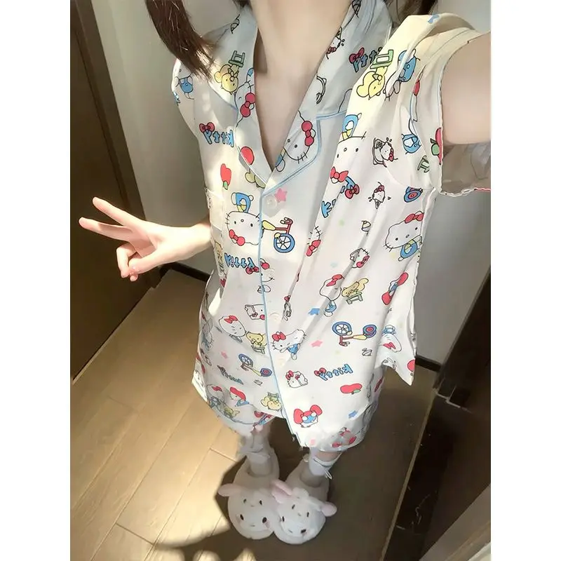 

Sanrio Hello Kitty Summer Pajamas 2 Piece Set Ladies Pyjamas Shorts Short Sleeve Sleepwear Kawaii Cartoon Nightie Home Suit Gift