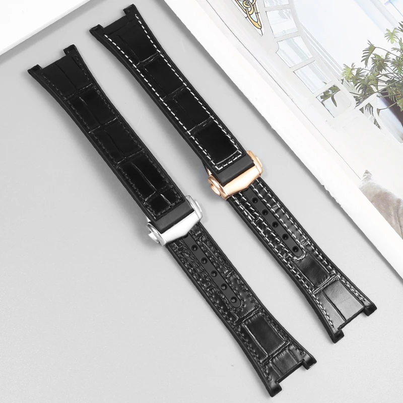 Suitable for Omega Constellation Series/Observatory Series Concave Interface Cowhide Rubber Bottom Watch Strap 25-14mm