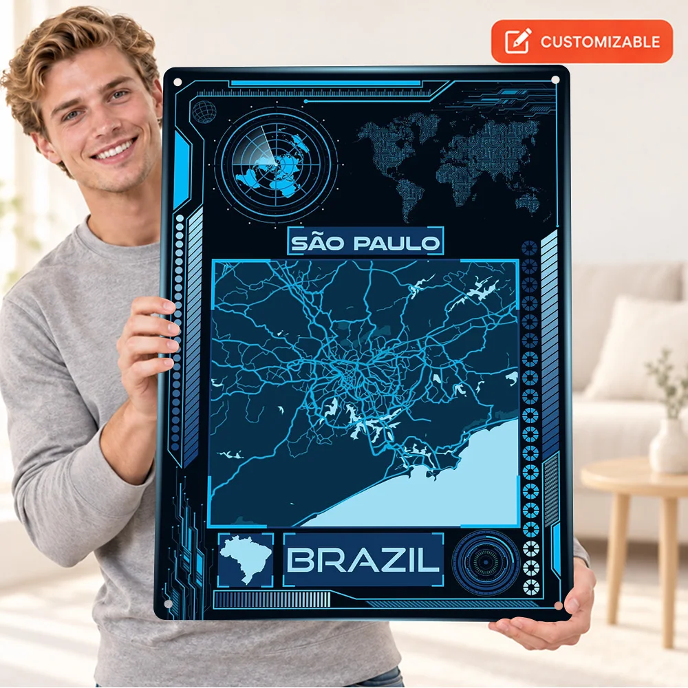 Sao Paulo Map Aluminum Poster Personalized Metal Sign Futuristic Cartography Wall Art For Reading Room Geography Enthusiast Gift