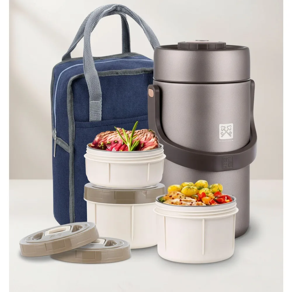 

Пищевой термос с вакуумной изоляцией на 87 унций, 3 штабелируемыми коробками для бенто и сумкой для обеда — контейнер для горячего/холодного супа для взрослых