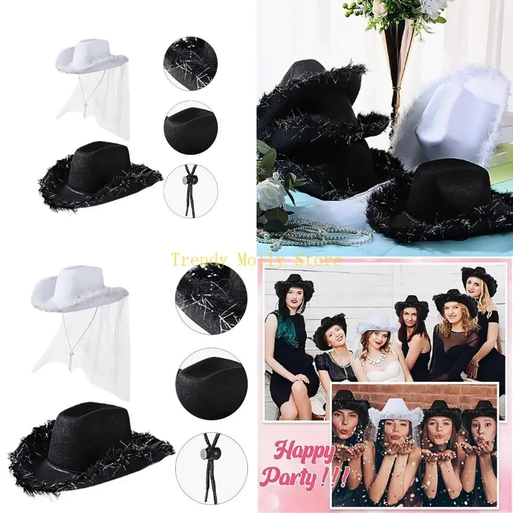 

N5KB Ковбойская шляпа для невесты с перьями и вуалью Диско-шляпа с бахромой из фольги, набор из 9 штук