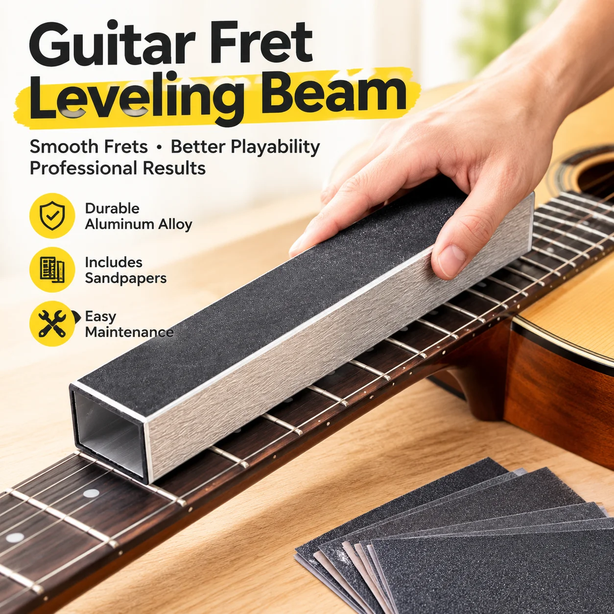Guitar Fret Leveling Beam Aluminum Alloy Sanding Block File with Sandpapers for Guitar Bass Repair Polishing Maintenance