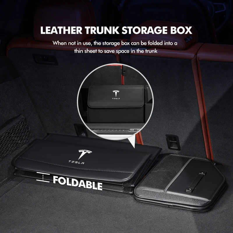 Leather Car Trunk Storage Box Multiuse Large Capacity Tool For Tesla Model 3 Y S X Roadster