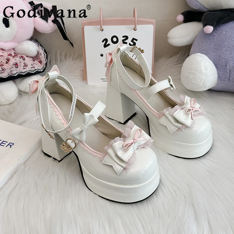 Lolita Sweet Bow Lace New Shoes for Women Mary Jane Cute Japanese Style Shoes Female Autumn High Heel Leather Solid Shoes