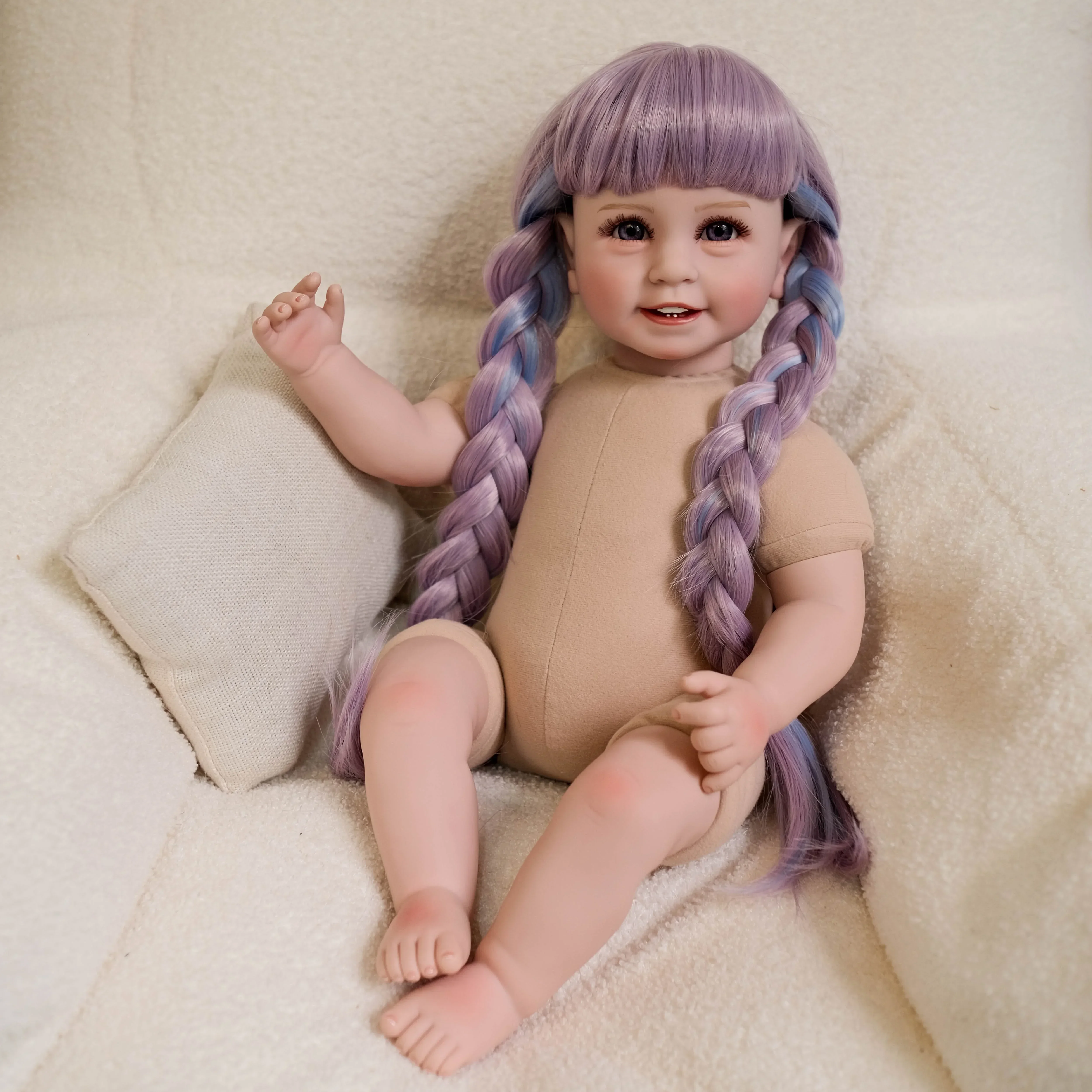 55CM Smile Sleeping Nude Doll Soft Cloth Body Lifelike Reborn Toddler Pasted Colored Wig Hair Cuddly Baby Girl Doll Baby