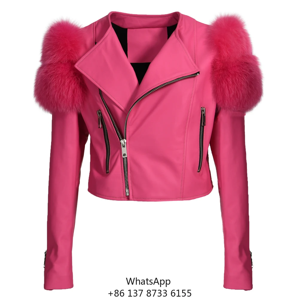 2022 Zipper Cropped Style Ladies Fall Autumn Luxury Real Fox Fur Shoulder Wholesale 100% Genuine Pink Leather Jacket Women