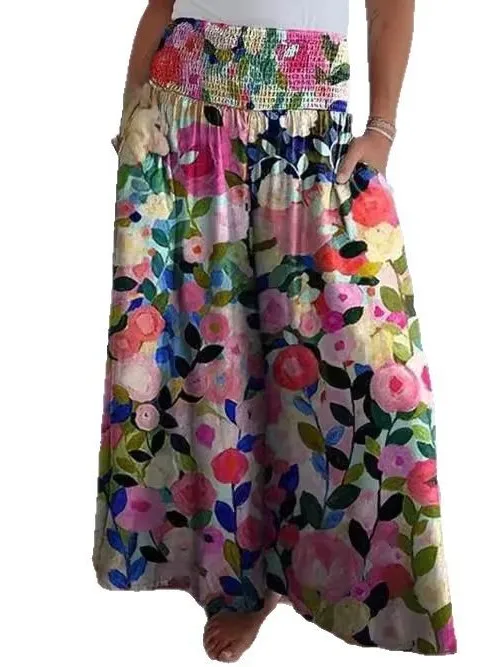 Faionable Pantalon décontracté à jambes larges Taille haute Polyester Jupe pour femme Taille haute PE Fibre de polyester Aucun marque enregistrée Trad...