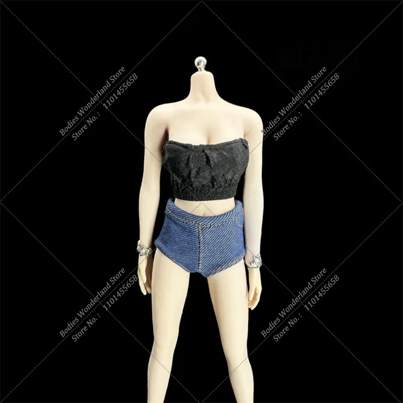 CJG-054 1/6 Women's Wrinkle Wrap Chest Bra Short Top Bottoming Denim Shorts Clothes Model For 12