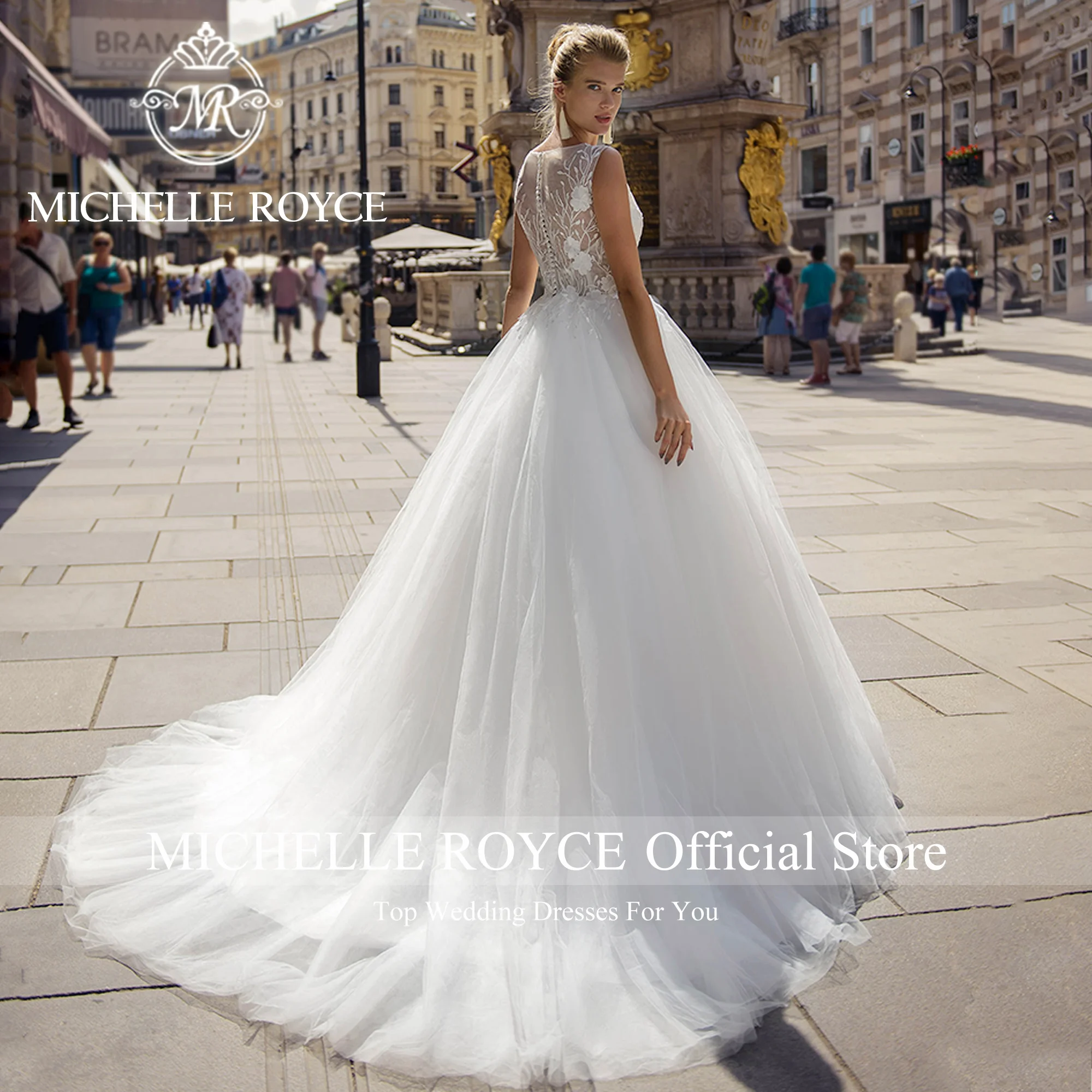 Michelle Royce Ball Gown Abiti da sposa per le donne Sposa Appliques Illusion Abito da sposa reale senza maniche Abiti da sposa