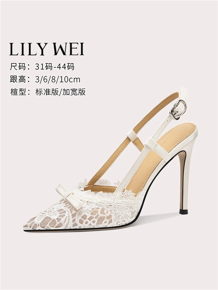 

Summer's new lace mesh bow low-heeled widened wedding shoes fine high-heeled banquet large size small size women's sandals