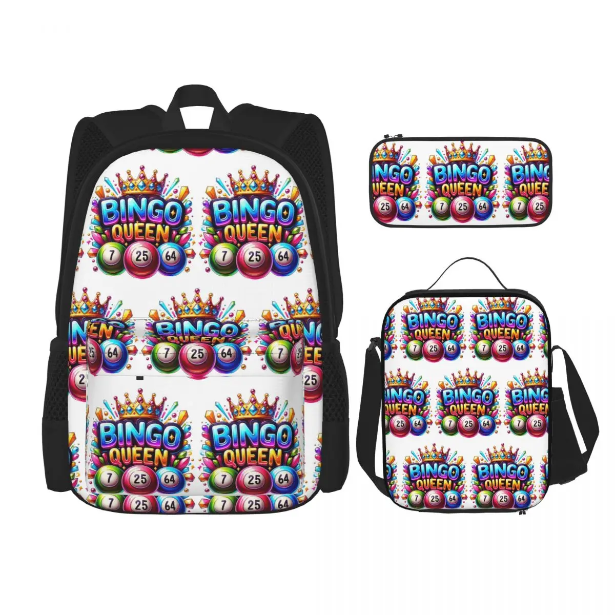 Bingo Queen Best Player Of Vacation Bingo Backpacks Boys Girls Bookbag School Bags Rucksack Lunch Bag Pen Bag Three-Piece Set