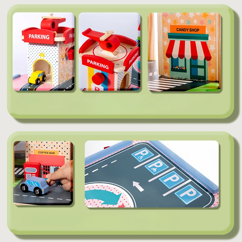 Holz Simulation Parkplatz kinder Spielzeug Fahrzeug Modell Kit Bausteine Diy Diorama Montessori Bildung Beschäftigt Brettspiele