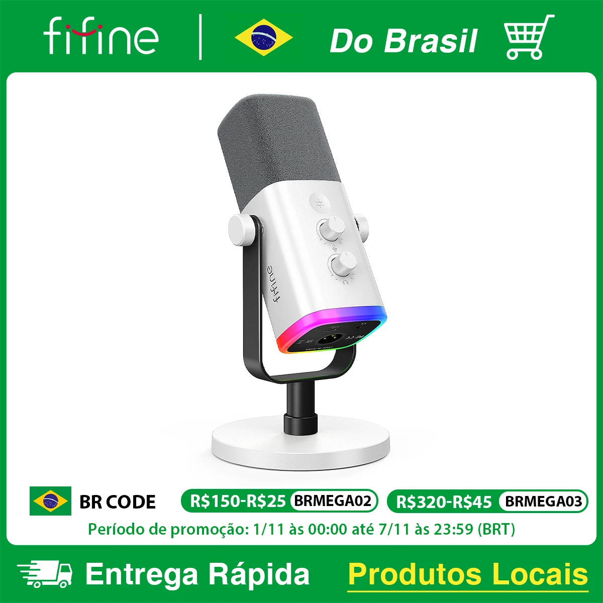 FIFINE XLR/USB Microfone Dinâmico com Conector para Fone de Ouvido/RGB/Mudo, MIC para Gravação de Streaming de Jogos PS4/PS5 Ampligame AM8W