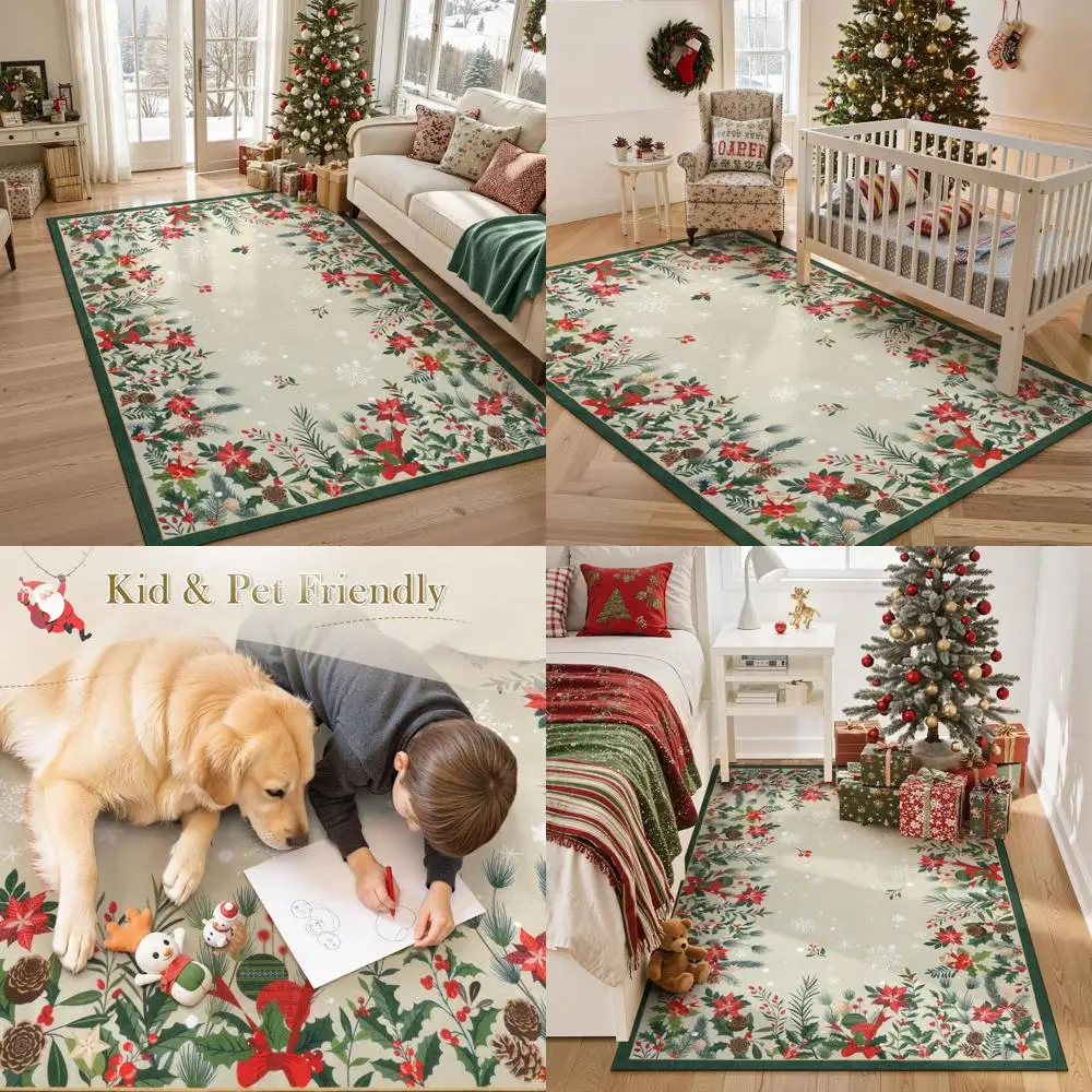 

Green Floral Christmas Area Rugs, 5'x7', Non-Slip Soft for Living Room, Washable Snowflake Design for Dining and Bedroom