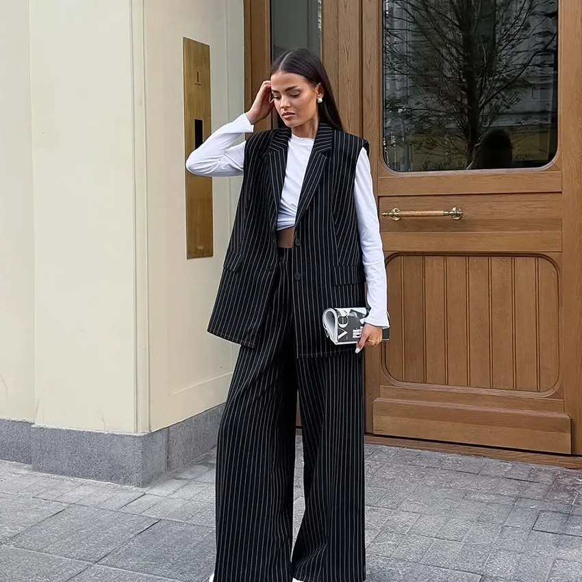 

Полосатый осенний женский комплект из двух предметов с воротником с лацканами, однобортный женский костюм без рукавов, жилет с высокой талией, прямые брюки для женщин