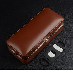 Brown Cigar Case Cedar Wood Lined Cigar Holder Man-made leather Box C Logo Mini Humidor With Cutter - Personalized Gift for M