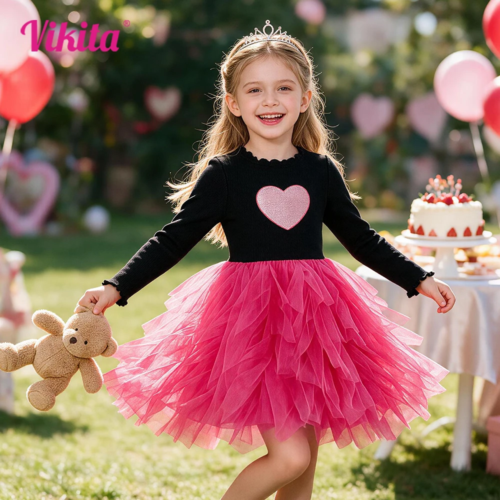 Toddlers Heart Shape Print Long Sleeve Knit Black Pink Dress Kids Layered Fluffy Tulle Princess Birthday Party Casual Tutu Dre
