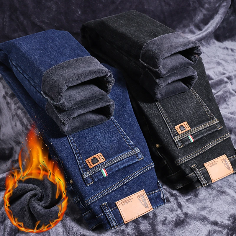 

New Fleece Thermal Men Jeans Winter Thick Classic Fashion Brand Stretch Trousers Straight Mid-high Waist Casual Male Clothing