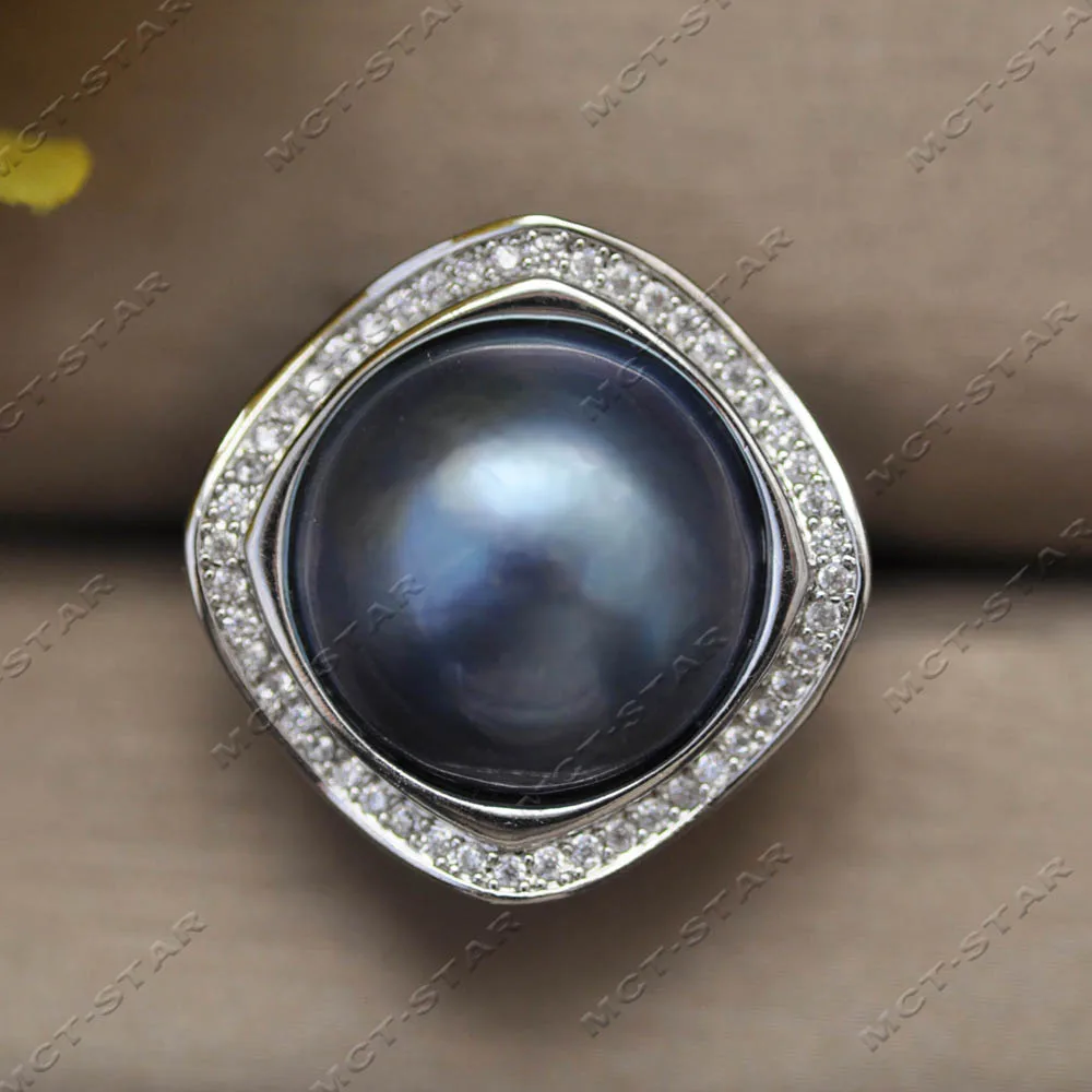 Anillo Z14413 con Perla Mabe Azul Natural de 23mm del Mar del Sur y Circonita Cúbica Cuadrada