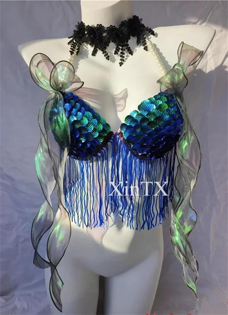 Sexy Bikini Bra Swimsuit Electro Syllable Lace Seduction Bar Reality Show Handmade Scales Mermaid With Decoration Beach Vacation