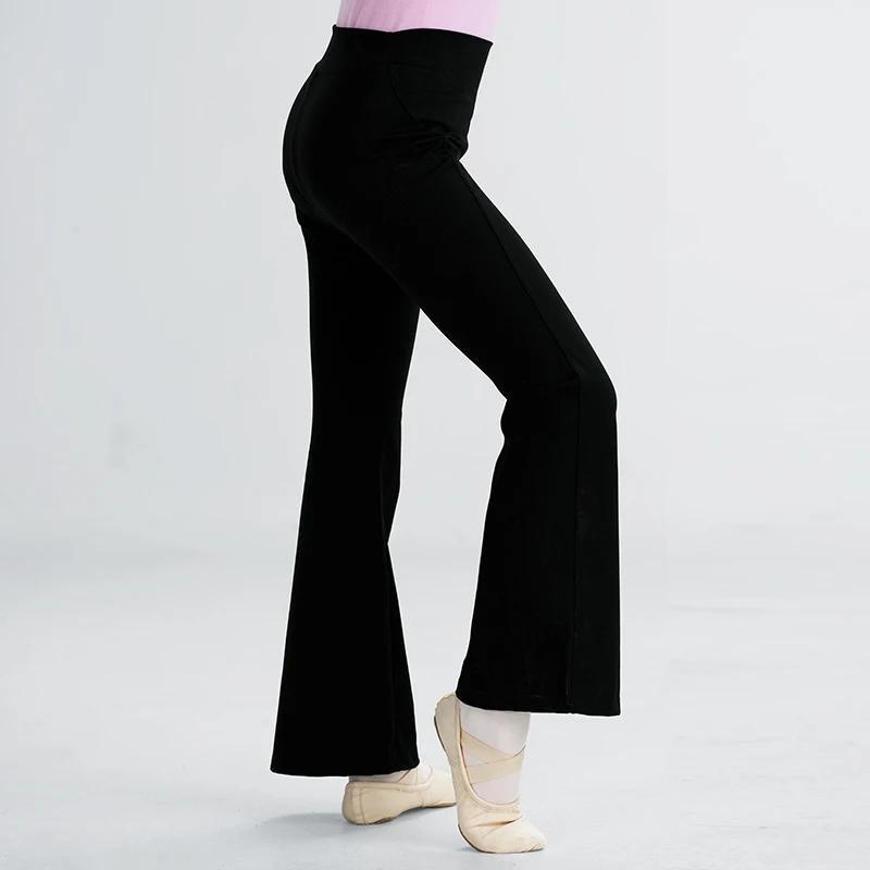 女の子用ハイウエストバレエフレアパンツ-キッズストレッチベルボトムダンスパンツ-ブロードレッグヨガ-ブラックナイロンダンスパンツ