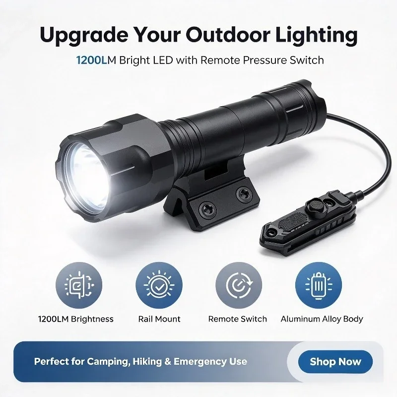 Outdoor Rail Mount LED Flashlight 1200LM High Bright Aluminum Build Strobe Mode Equipped With Remote Pressure Switch