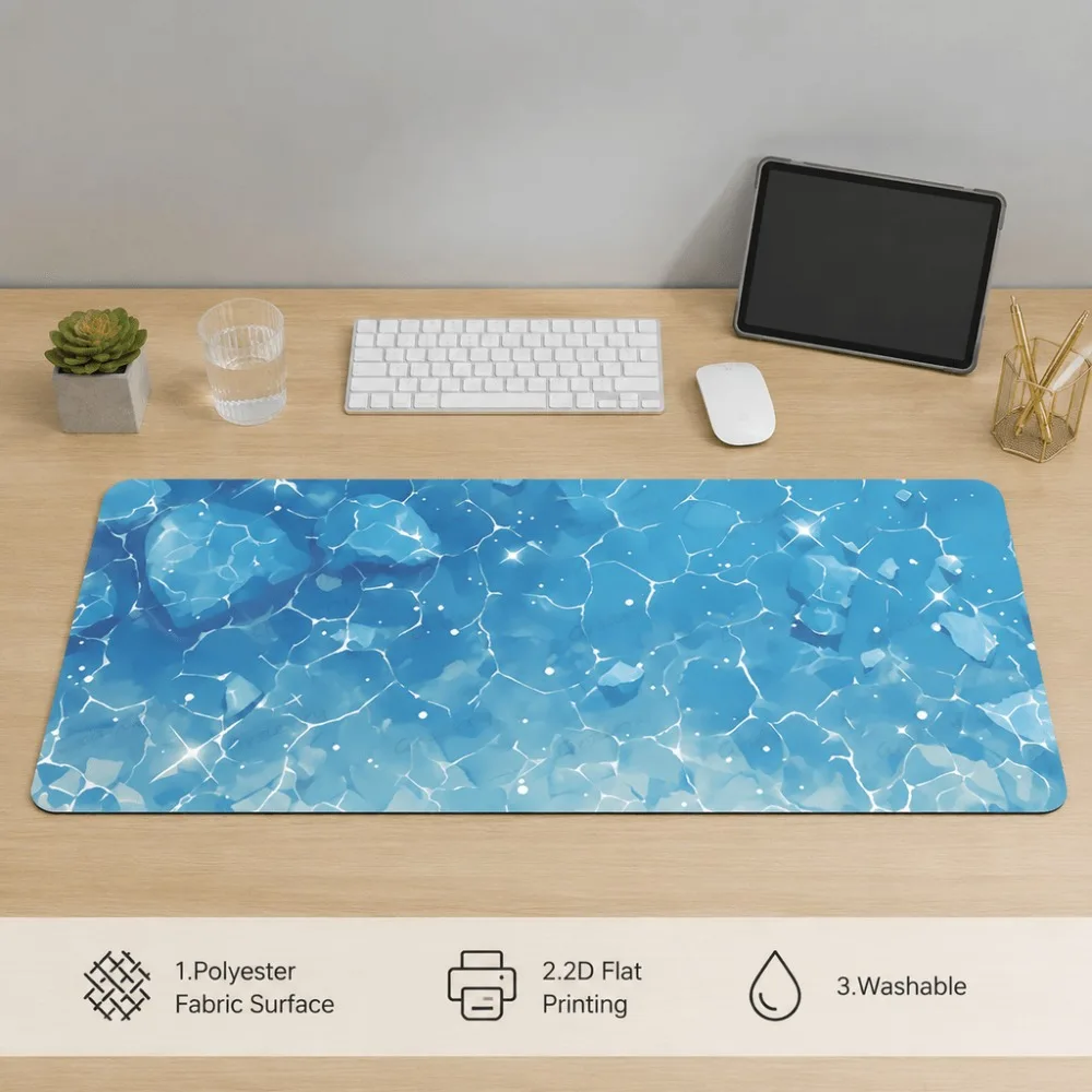 Blue water ripple printed table mat, suitable for office workers, students and home computer users Rectangular non-slip desktop