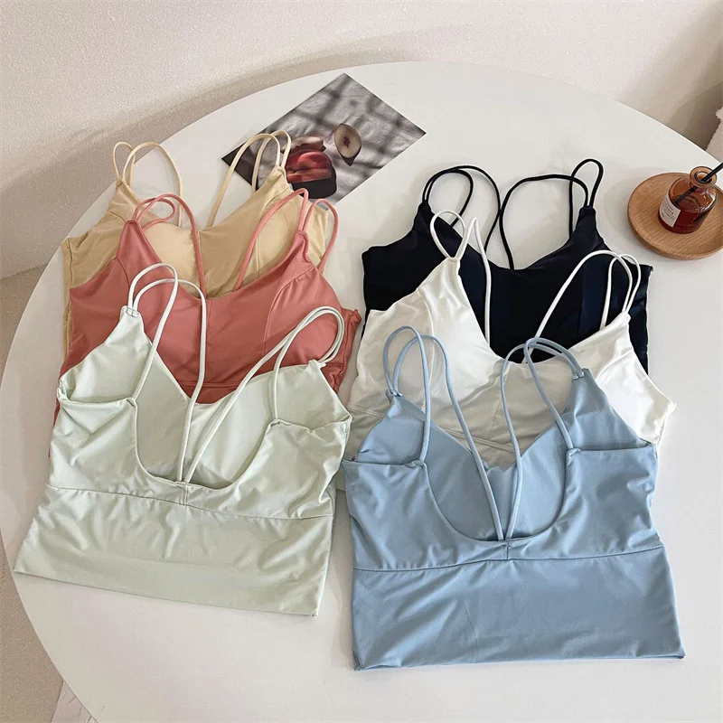 Women Crop Tops Sexy Solid Color Camisole Ice Silk Tube Top Seamless Sports Tank Top Wireless Underwear Padded Bra Bralette Vest