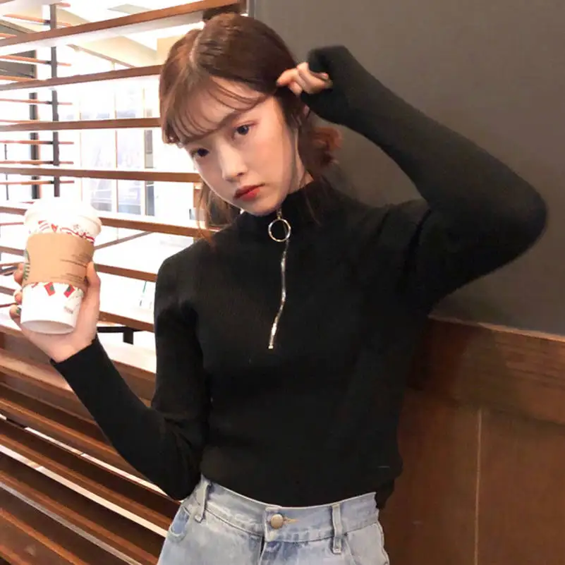 Retro Hong Kong Style Chic Versatile round Ring Zipper High Collar Korean Version Autumn Winter Long Sleeve Base Shirt T-Shir...