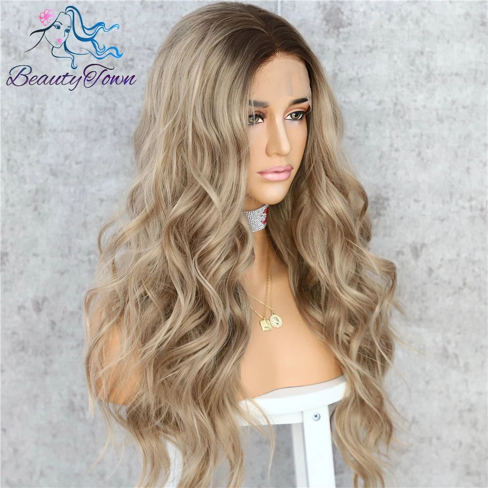 Perruque Lace Front Wig synthétique Body Wave, perruque Lace Wig transparente HD Blonde cendrée, perruque de Cosplay pour fête quotidienne, marron