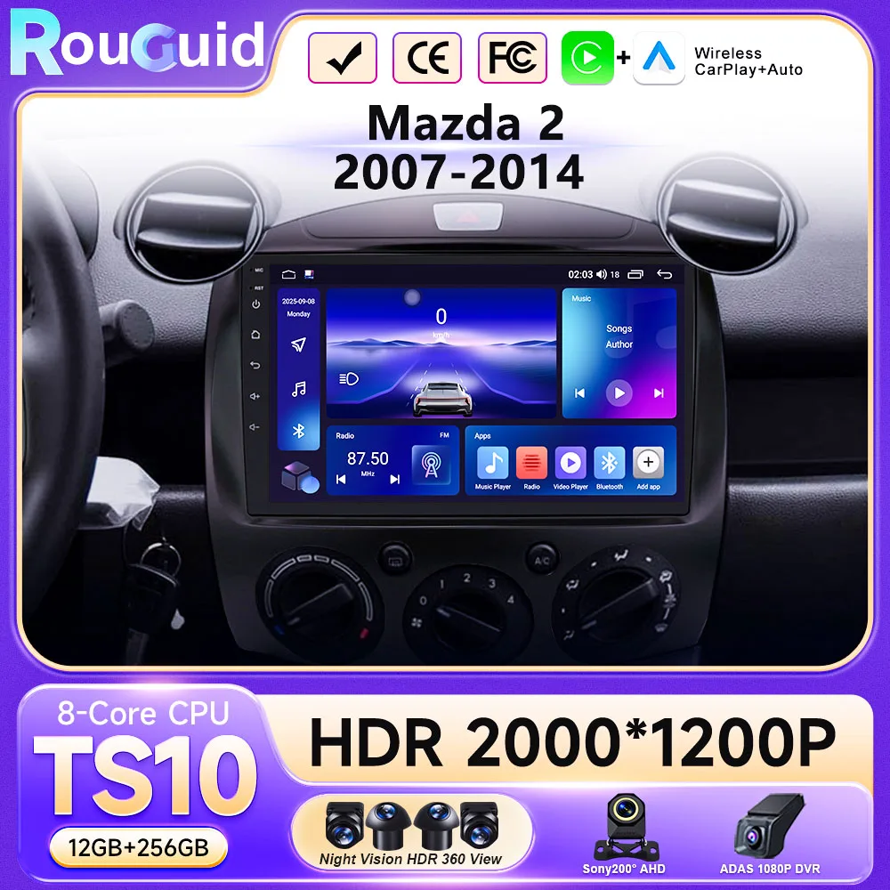 

Мультимедийный видеоплеер для Mazda 2 2007-2014 с 4G, Wi-Fi, GPS-навигацией, Carplay, DVD, головное устройство (без 2DIN), Android 16, автомобильное радио QLED BT