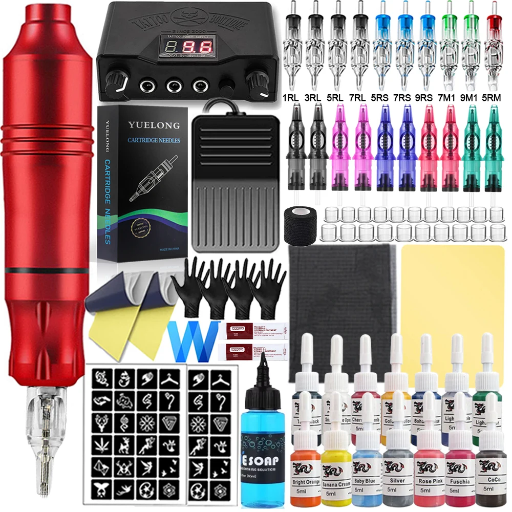 

Tattoo Machine Pen Kit Complete Starter Tattoo Set Power Supply 14 Tattoo Inks Cartridge Needles Kit for Tattoo Beginners Artist