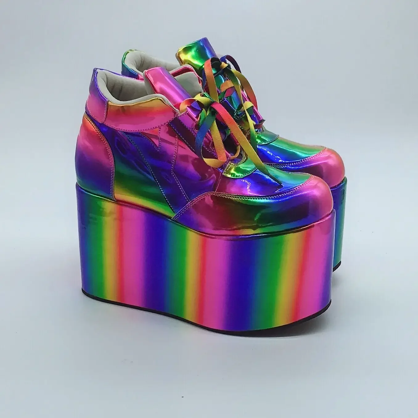 Women Laser Rainbow Colors Platform Round Toe Ankle Boots Patent Leather Super Wedge High Heel Lace Up Knight Punk Shoes Plus Sz