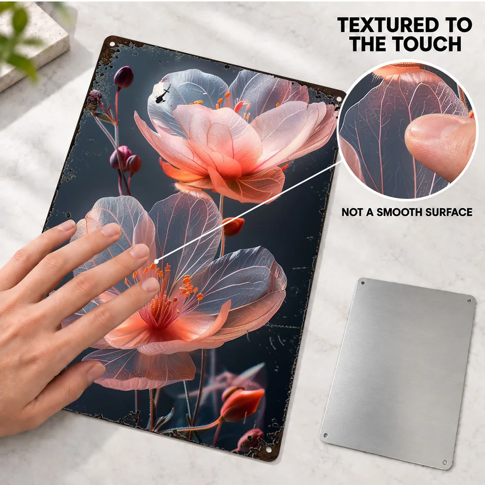Two Crystal Pink Flowers Botanical Textured Metal Poster Personalized Aluminum Sign Modern Floral Wall Art For Living Room Decor