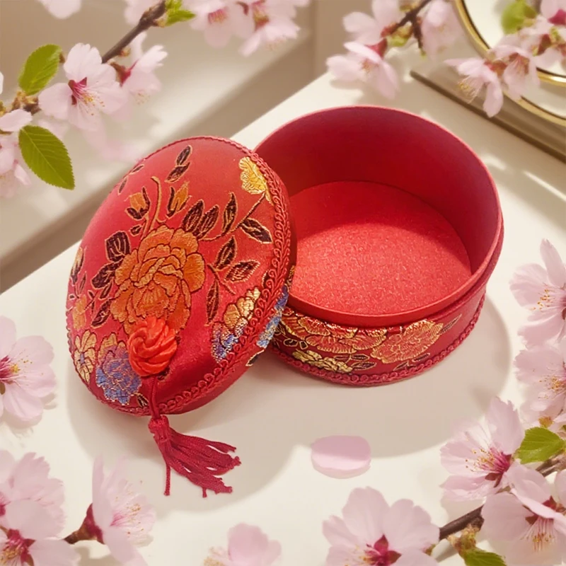 Round Shaped Jewelry Box Women Festive Gift Box  Chinese Style Exquisite Storage Bag Trinket Ring Earrings Box Wedding Supplies
